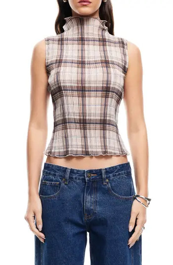 LIONESS Ford Plaid Funnel Neck Plissé Top in Tan Plaid at Nordstrom Rack, Size X-Large | Nordstrom Rack