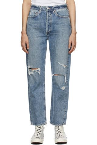 Blue Distressed '90s Mid-Rise Loose Fit Jeans | SSENSE