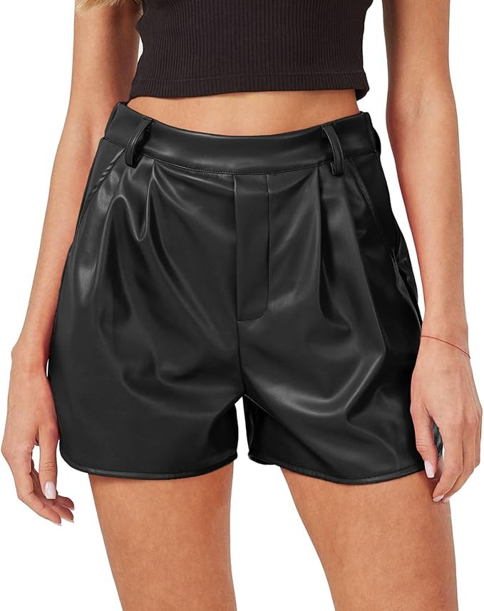 XinYangNi Faux Leather Shorts for Women Pleather Elastic High Wasited Pleated Wide Leg Side Slit ... | Amazon (US)