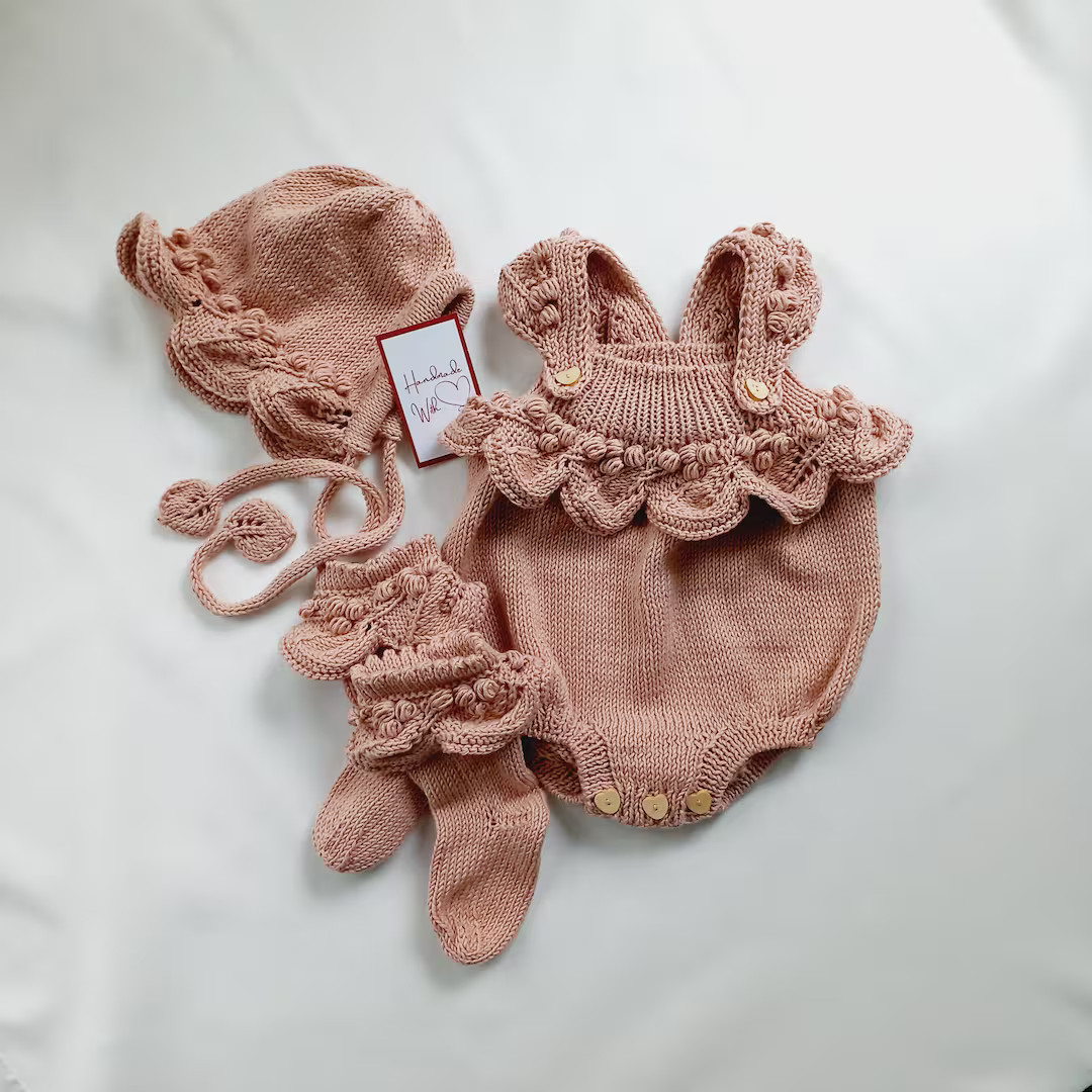 Hand Knit Organic Cotton Baby Outfit: Bonnet, Romper & Socks - Etsy | Etsy (US)