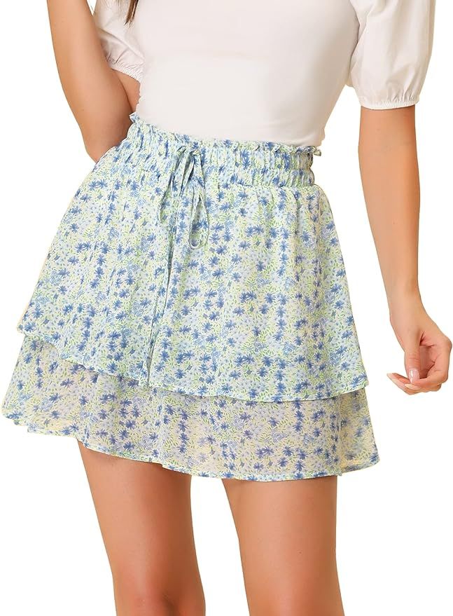 Allegra K 2023 Floral Skirts for Women's Ruffle Hem Layered Chiffon Mini Skirt | Amazon (US)