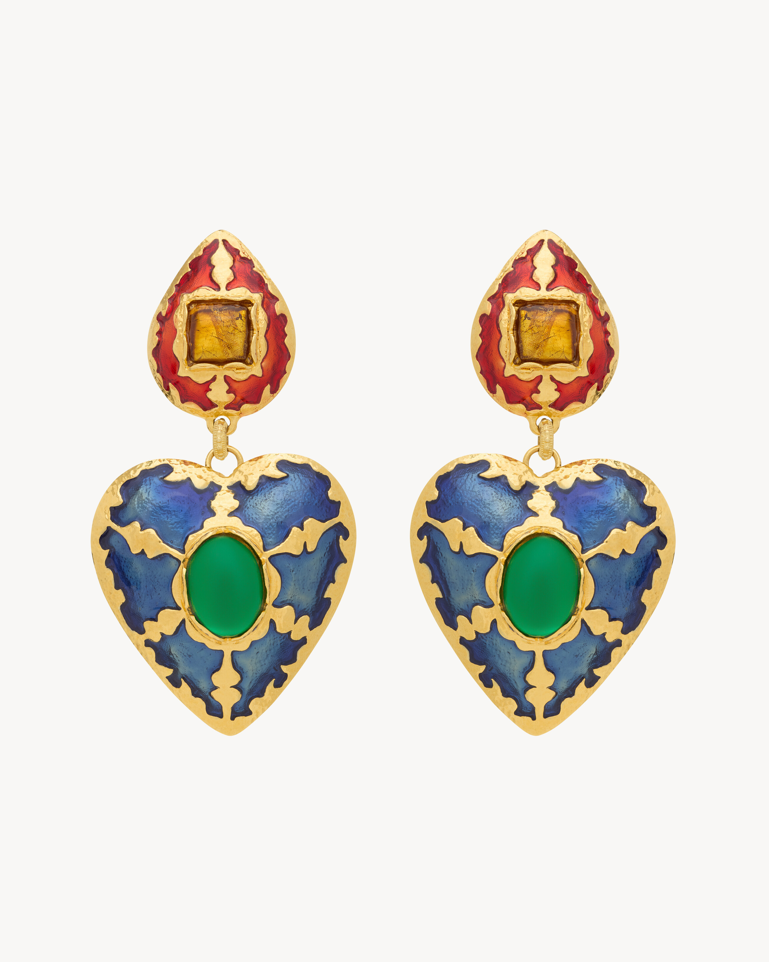 harlequin heart pendant earrings decorated with enamel featuring glass cabochons. | Saint Laurent Inc. (Global)