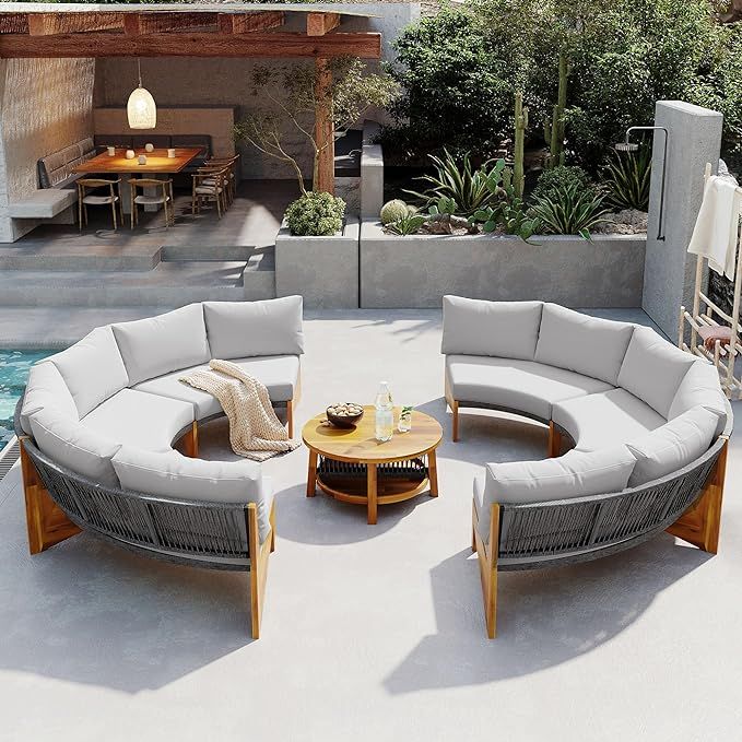 8 Pieces Outdoor Half Moon Sectional Sofa Conversation Set, Acacia Wood Patio Furniture Set with ... | Amazon (US)