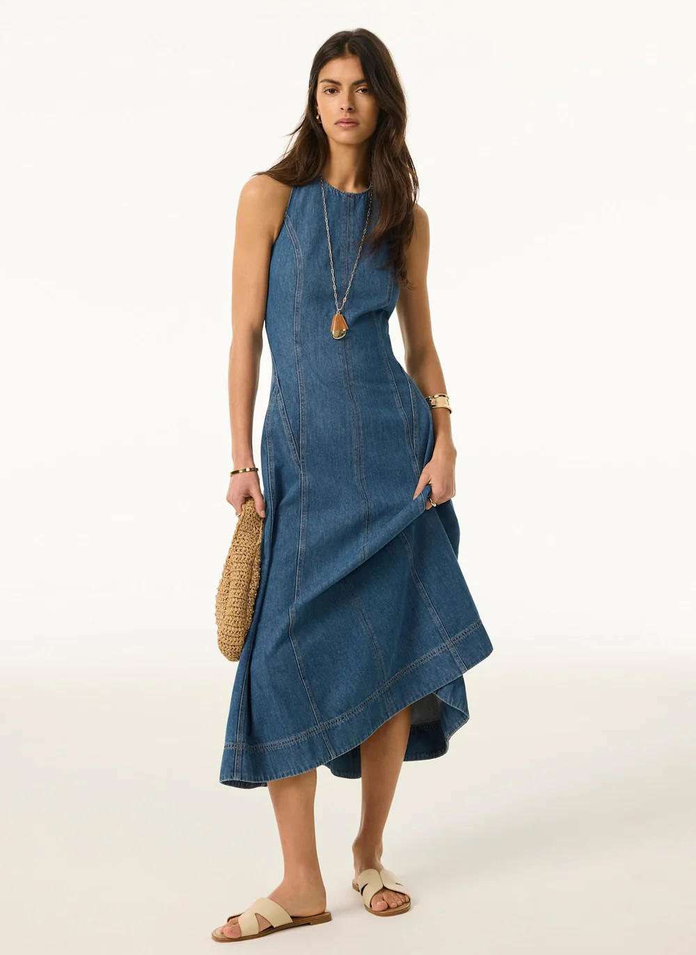Mid Indigo Denim Halter Midi Dress | Mint Velvet
