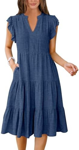 ANRABESS Womens Summer Dress Ruffle Sleeve V Neck Midi Dresses Fashion Casual Fit Flowy Tiered Bo... | Amazon (US)