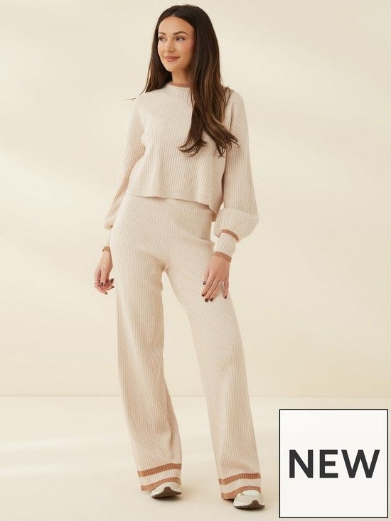 Knitted Co Ord Wide Leg Trouser - Beige | Very (UK)