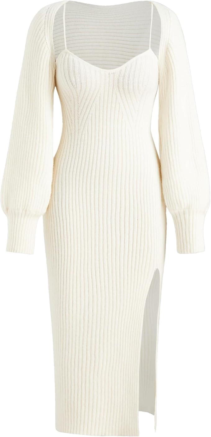 CIDER 2 Piece Sweater Dresses for Women Winter Slit Long Sleeve Womens Midi Dress Pullover Bodyco... | Amazon (US)