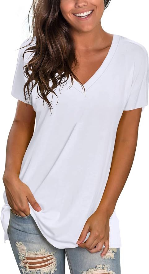 T Shirts for Women Summer Casual Plain Tees Vneck Short Sleeve Tunic Tops for Leggings White L at... | Amazon (US)