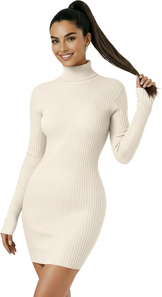 v28 Women Turtleneck Long Sleeve Bodycon Fall Winter Mini Slim Knit Sweater Dress | Amazon (US)