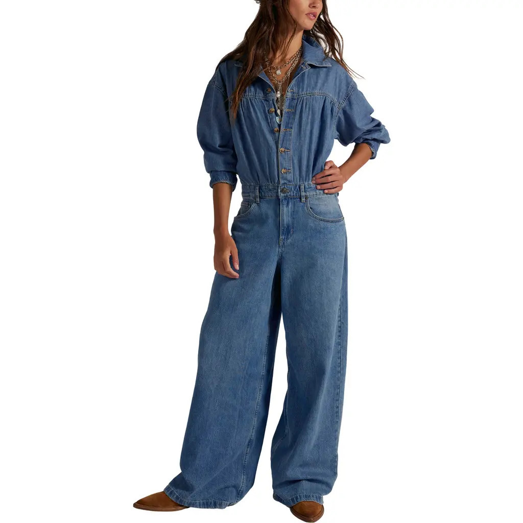 Free People Carpe Diem Long Sleeve Denim Jumpsuit in New Day at Nordstrom, Size X-Small | Nordstrom