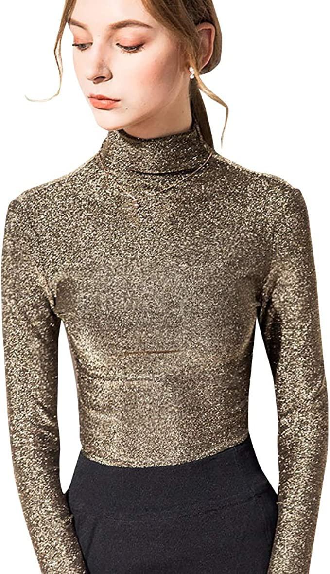 Women's Slim fit Long Sleeve Turtleneck Glitter Tee Blouse Tops | Amazon (US)