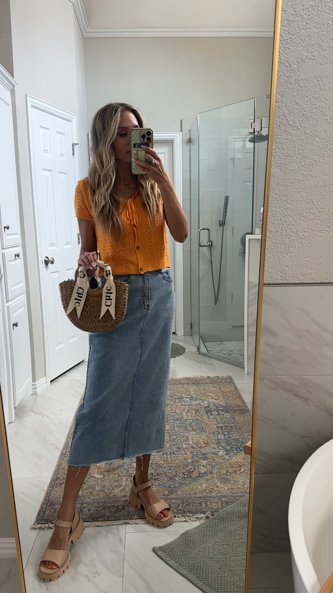 Such a fun, girly-girl outfit allllllll from Amazon! Love this crochet top and denim maxi skirt. 
Both size small / tts / 5’5” / 117lbs 
Skirt color: #C Light Blue 