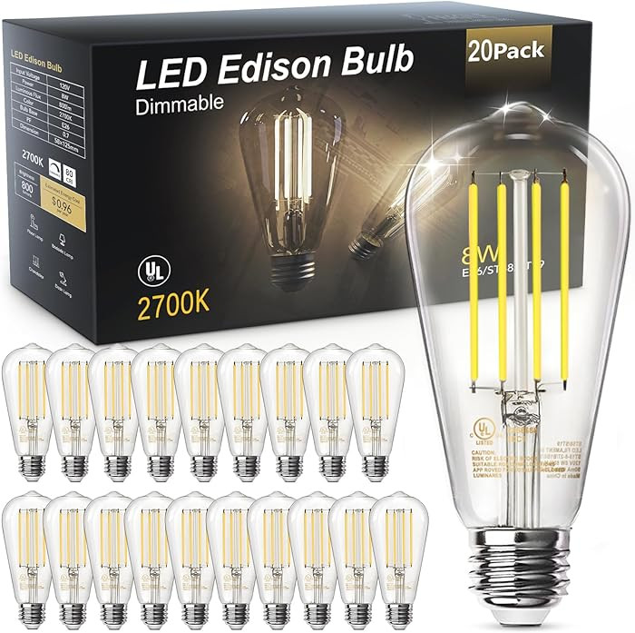 TJOY 20 Pack Vintage 8W ST58 LED Edison Light Bulbs, Dimmable, 60W Equivalent, 800Lumens, 2700K W... | Amazon (US)