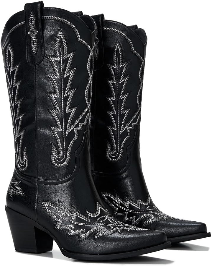 Cowboy Boots For Women - Western Mid-Calf Cowgirl Boots - Snip Toe - 3” Wood Grain Chunky Heel ... | Amazon (US)