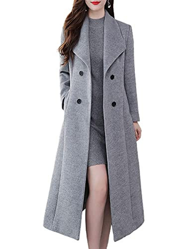 ebossy Women's Shawl Collar Double Breasted Below Knee Slim Wool Trench Long Coat (Medium, Grey) | Amazon (US)