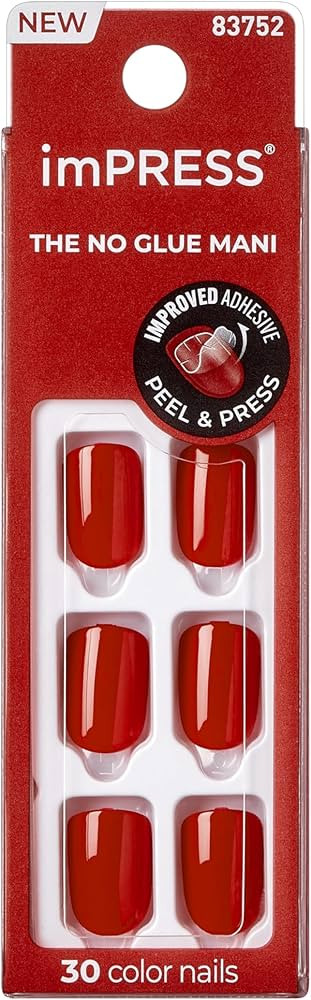 KISS imPRESS Color Polish-Free Solid Color Press-On Nails, PureFit Technology, Short Length, 'Red... | Amazon (US)