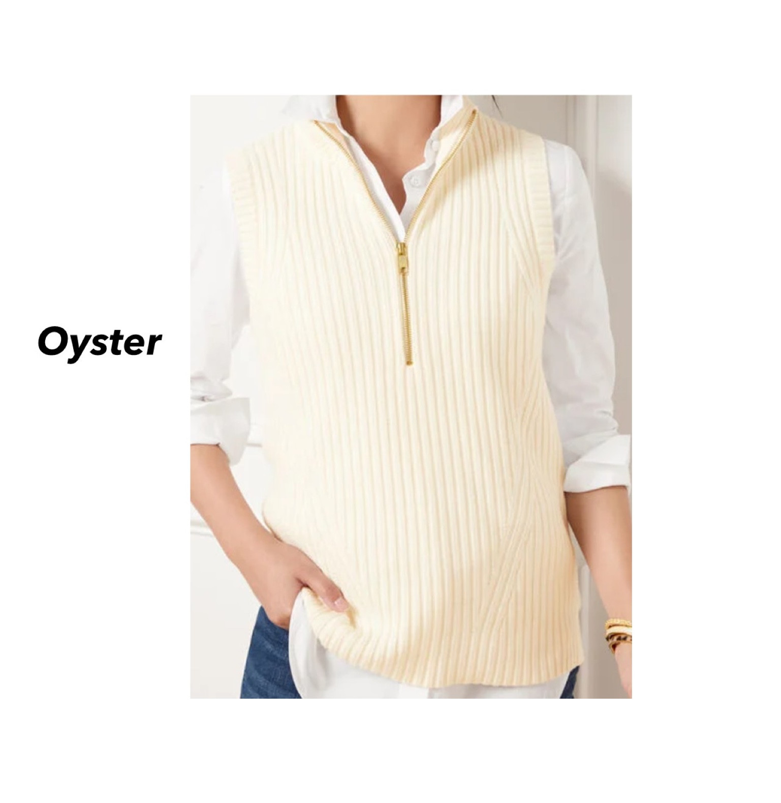 Ribbed half zip sweater vest in ‘ivory’ from Talbots 

Oyster 

#LTKworkwear #LTKstyletip #LTKtravel