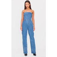 Mid Blue Wash Bandeau Denim Jumpsuit | PrettyLittleThing US
