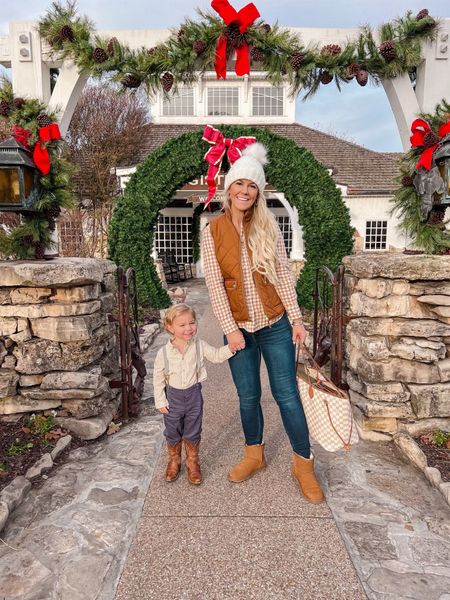 A few snaps from our holiday getaway with the boys! 🎄It was seriously like a Hallmark movie IRL 😍 And I am so excited both of these looks are still 60% off part of the extended Cyber Monday Sale!! 🎉 I absolutely love these light weight vests and the pink and gingham Sherpa is so cozy! I will be wearing it on repeat! 

#LTKGiftGuide #LTKHoliday #LTKsalealert