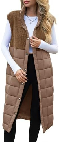UMEKO Women's Long Puffer Vest Fleece Jacket Winter Button Down Sleeveless Coats | Amazon (US)