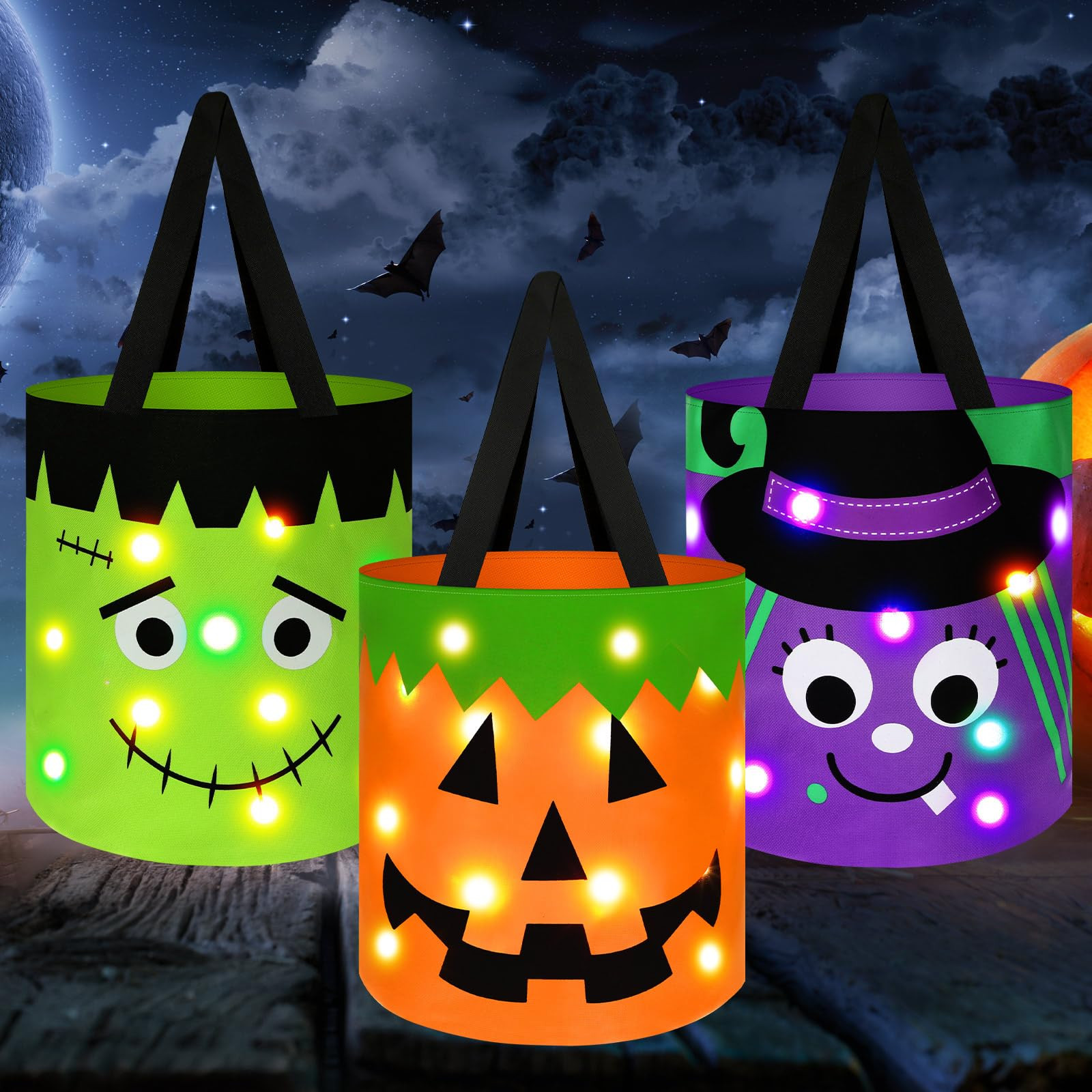 3 Pcs Halloween LED Trick or Treat Buckets Glow in The Dark Candy Bags Multipurpose Reusable Ligh... | Amazon (US)