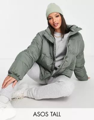 ASOS DESIGN Tall oversized recycled puffer jacket in khaki | ASOS (Global)