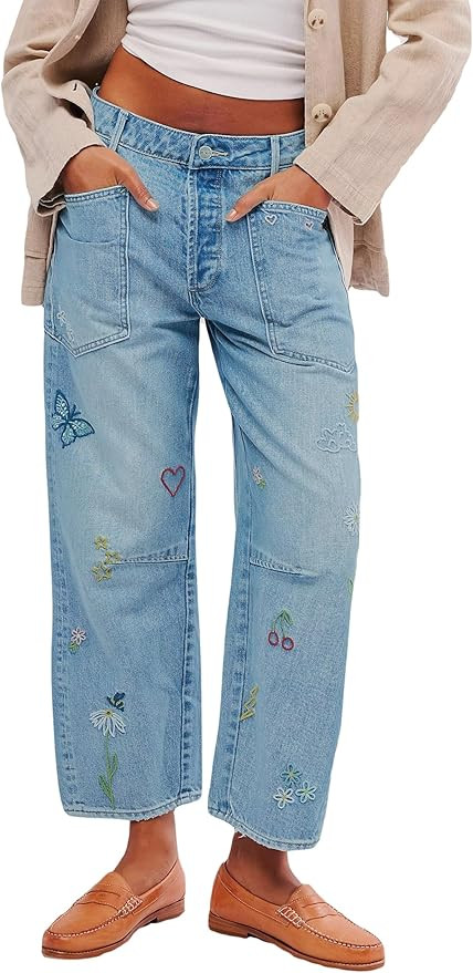 LifeShe Women's Embroidered Barrel Jeans Low Rise Wide Leg Denim Pants Stretchy Baggy Boyfriend T... | Amazon (US)