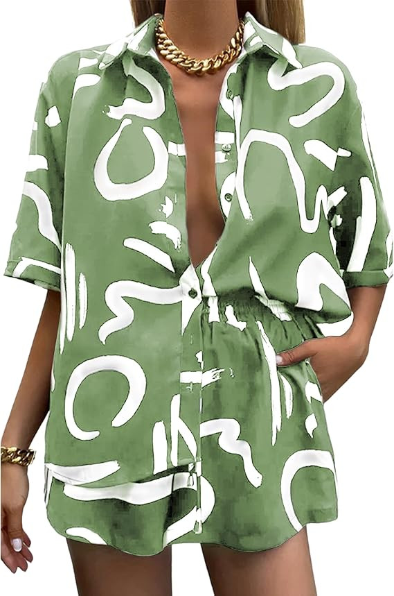 Women's 2 Piece Outfit Sets Summer Beach Casual Printed Shirts and Shorts Lounge Sets | Amazon (US)