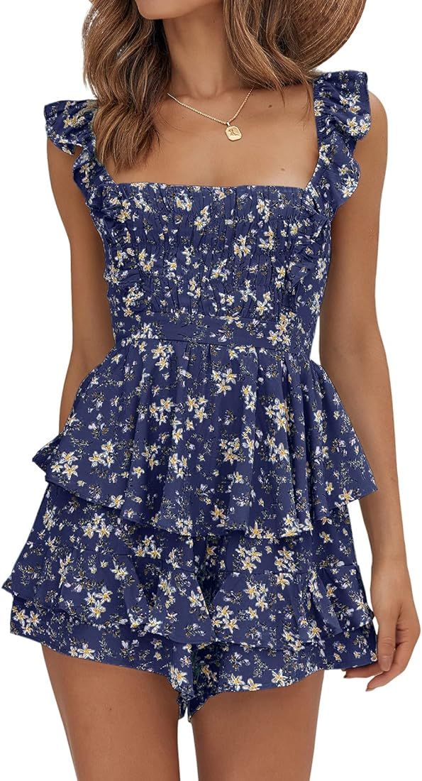 Womens Sexy Summer Romper Floral Square Neck Ruffle Strap Layer Hem Shorts Jumpsuits | Amazon (US)