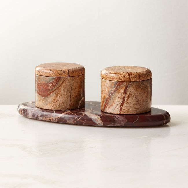 Zetes Tan and Red Marble Salt Cellars, Set of 3 | CB2