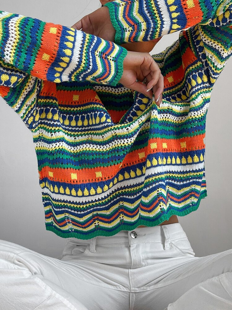 Striped And Geo Pattern Pointelle Knit Sweater | SHEIN
