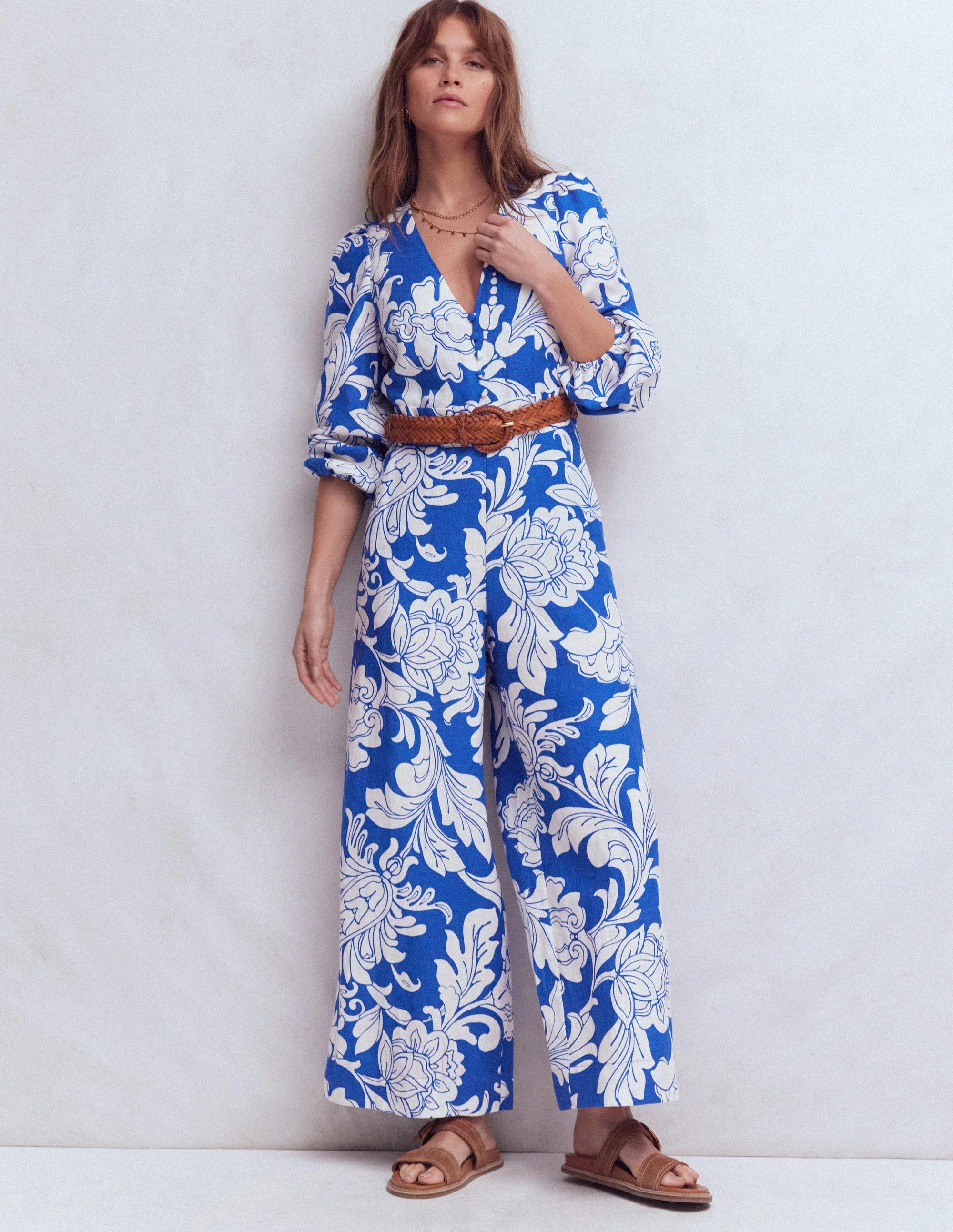 Lola Linen Jumpsuit-Blue Botanical Flourish Mono | Boden (US)