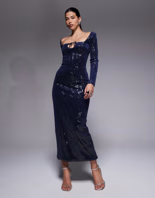The Frolic Exclusive sequin square neck tie front maxi dress in navy | ASOS (Global)