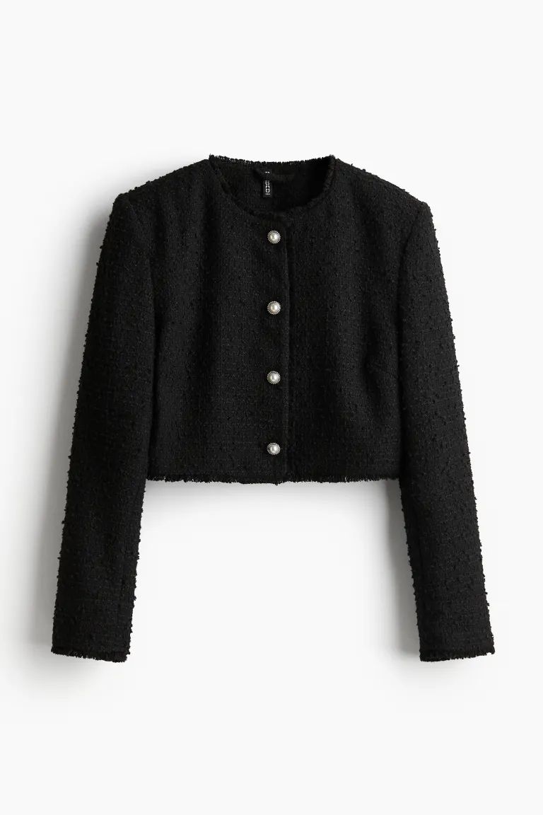 Cropped Bouclé-weave Jacket - Black - Ladies | H&M US | H&M (US + CA)