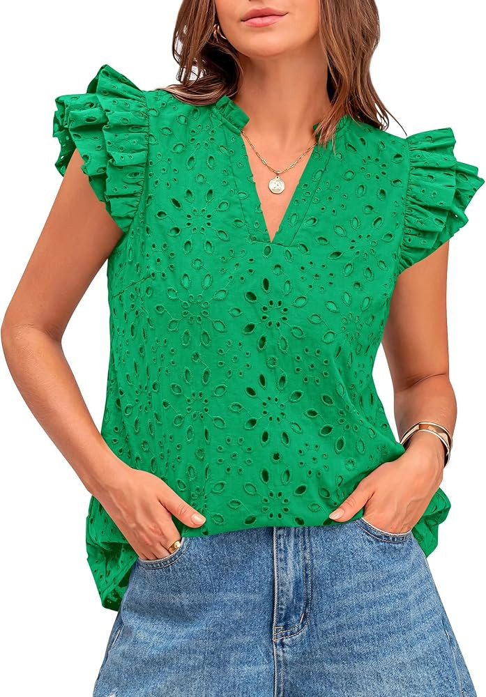 BTFBM Summer Tops for Women 2026 Dressy Casual Embroidered Eyelet Blouses V Neck Ruffle Sleeve Sp... | Amazon (US)