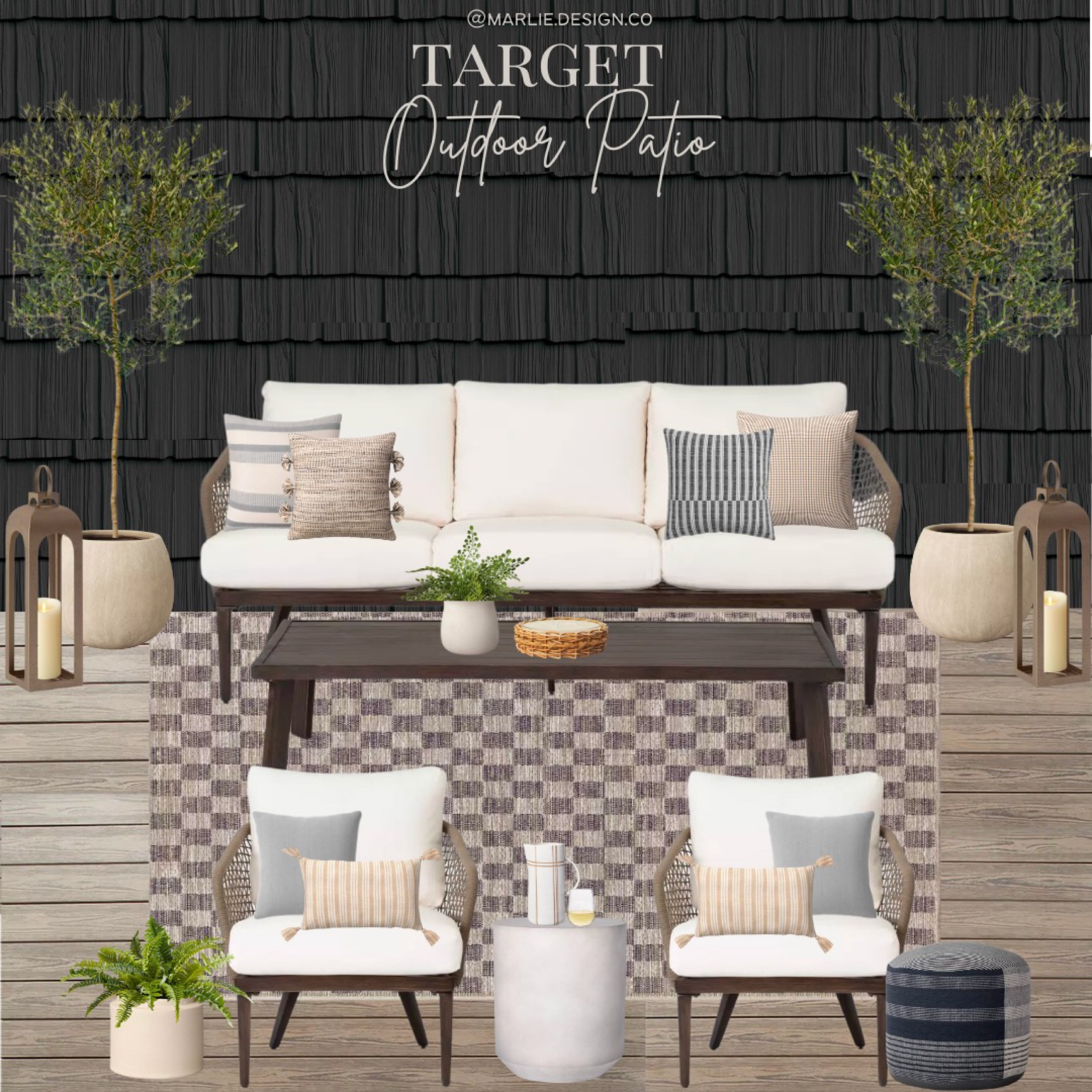 Target Patio Decor | patio furniture | Target furniture | conversation set | loveseat | chairs | coffee table | planter | ottoman | pouf | outdoor pillow | outdoor rug | checkered rug | citronella candle | lantern | faux plant | fern 

#LTKsalealert #LTKhome #LTKSeasonal