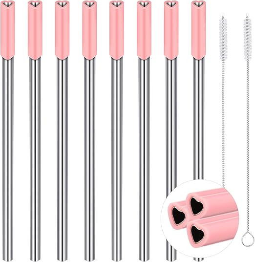8 Pack Heart Shaped Stainless Steel Straws with Silicone Tips Reusable Heart Straws Cute Straws w... | Amazon (US)