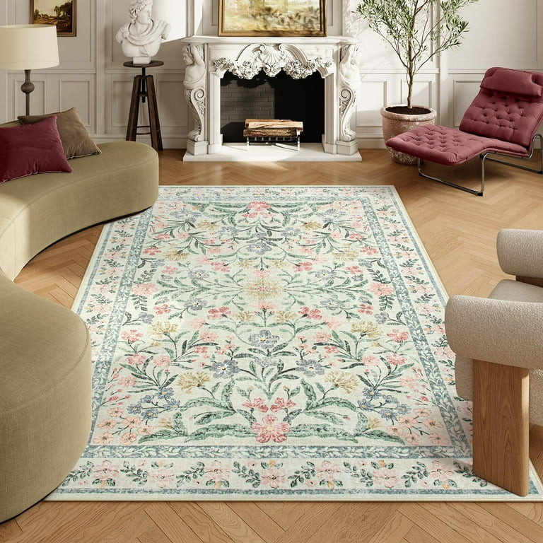 Lahome 6'x9' Cream Boho Floral Washable Rug ,Soft Non-Slip Carpet,Vintage Distressed Design for L... | Walmart (US)