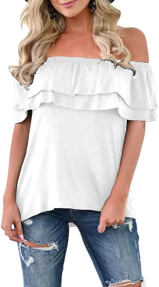 KEEDONE Women's Casual Off Shoulder Ruffle Tops Short Sleeve T Shirts Loose Summer Blouses Shirt | Amazon (US)