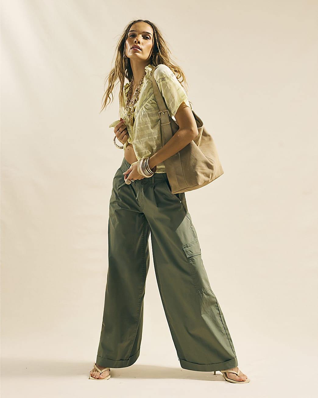 Khaki Wide Leg Cargo Trousers | River Island UK & IE