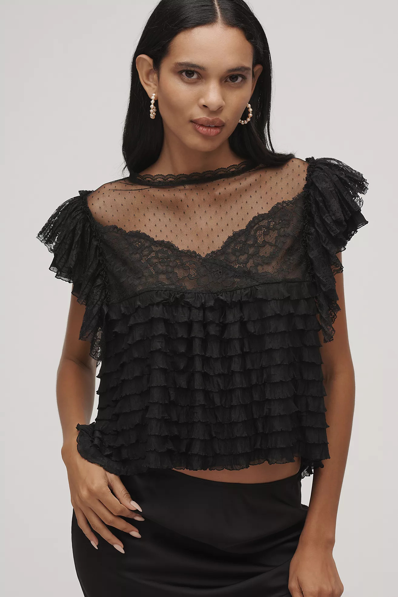 Maeve Sheer Ruffle Lace Blouse | Anthropologie (US)