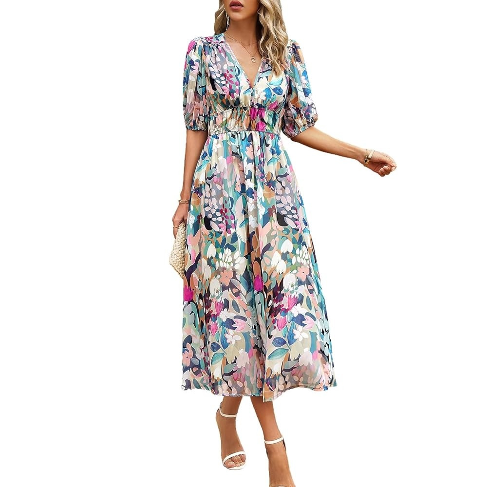 Summer Dresses for Women 2025 V-Neck Boho Floral Dress with Puff Sleeves, Empire Waist, Long Sund... | Amazon (US)