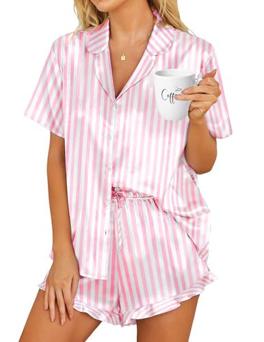 HOTOUCH Womens Silk Satin Set Two-Piece Button Down Short Sleeve Sleepwear Pajamas Hot Pink Striped, XX-Large | Amazon (US)