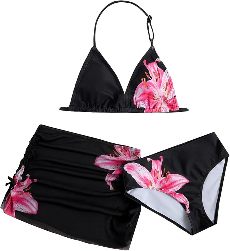 Girl's 3 Piece Cute Bowknot Bathing Suit Halter Triangle High Waisted Swimsuit with Beach Cover U... | Amazon (US)