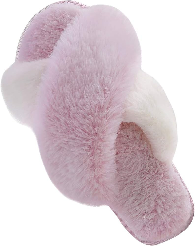 Womens Cross Band Soft Plush Slippers Furry Fleece Slip on Slippers Open Toe House Shoes Slides f... | Amazon (US)