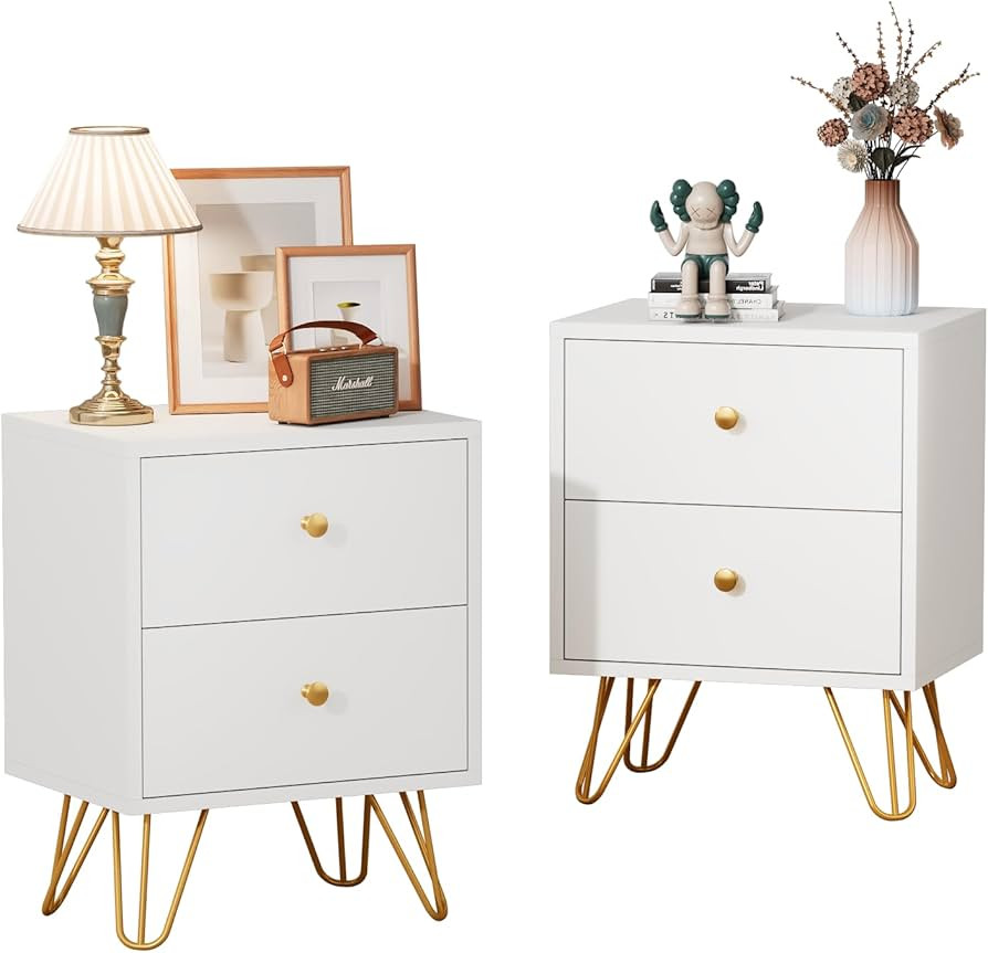 White Nightstand Set of 2, White and Gold Night Stand with 2 Drawers, Modern End Table with Metal... | Amazon (US)