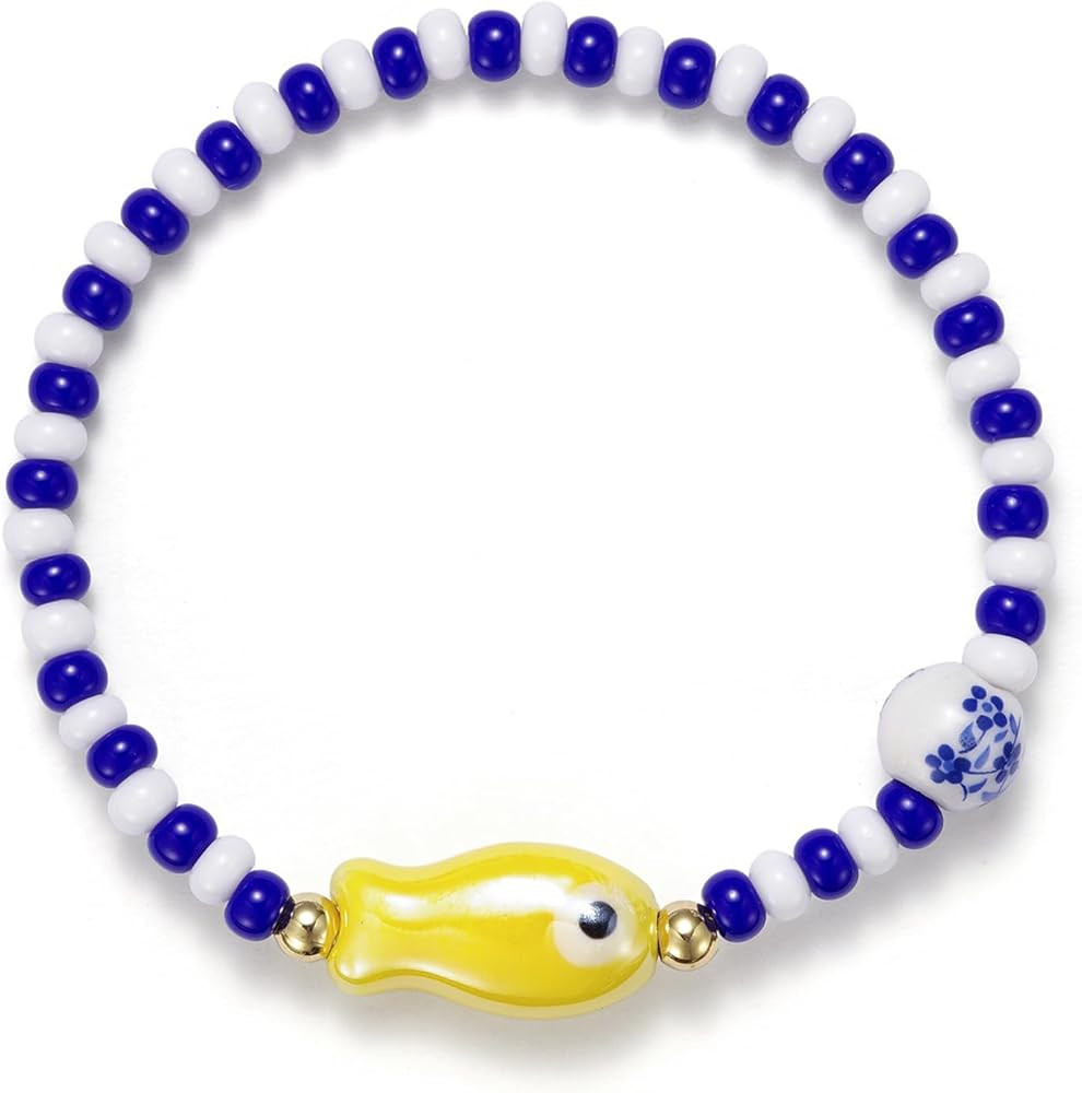 Agromusk Cute Fish Bracelet,14K Gold Blue and White Beaded Bracelet,Natural Stone Summer Beach Be... | Amazon (US)
