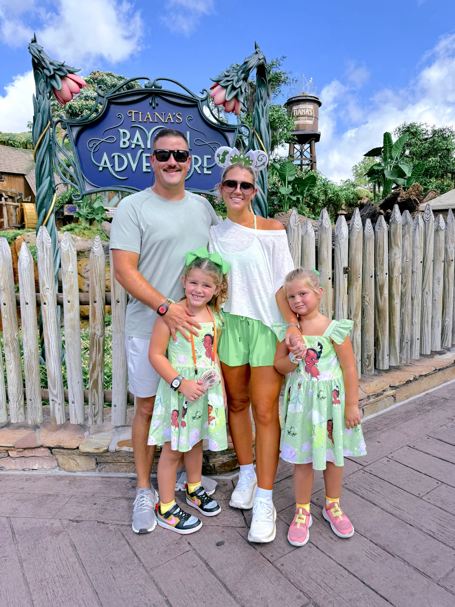 Our Disney outfits today 💚 I’m in my true sizes in everything // XL for Mike (his true size) // sissy is size 6X. Nelly 7-8. True to size for them! 