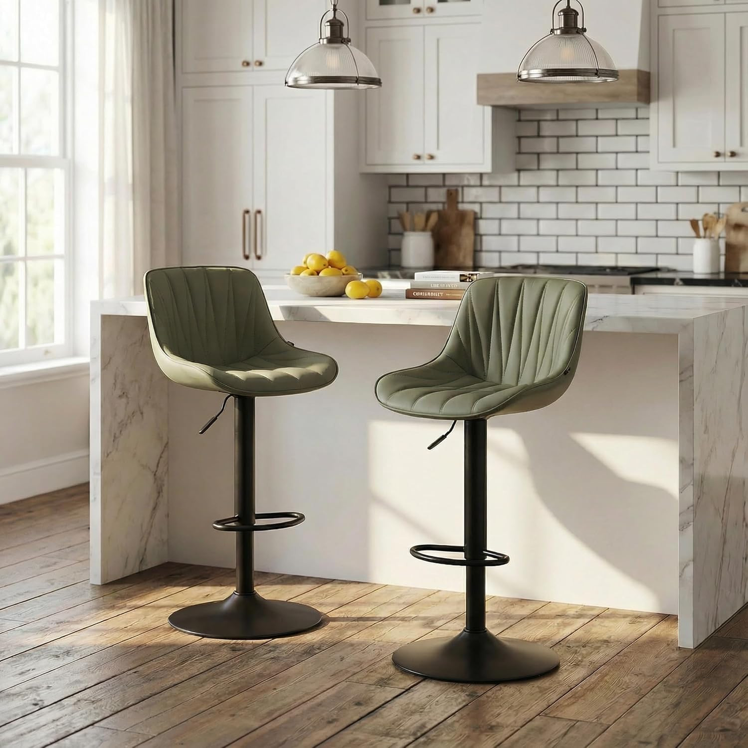 YOUNIKE Bar Stools Set of 2 for Kitchen Island, Olive Green Swivel Tall Bar Stools, Faux Leather ... | Amazon (US)