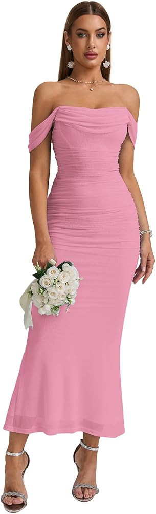 KUTUMAI Off The Shoulder Maxi Long Dress Corset Ruched Bodycon Cocktail Formal Wedding Guest Dres... | Amazon (US)